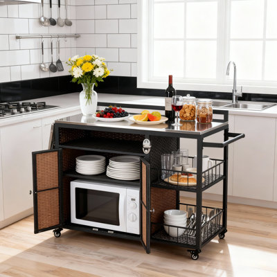 Movable Kitchen Island with Foldable Stainless Steel Top, Ample Storage & Lockable Rolling Wheels – Ideal for Kitchen, Patio, Garden & Backyard Entert by Red Barrel Studio