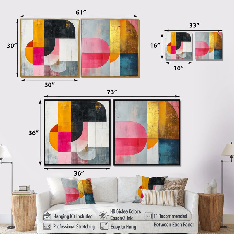 Motif géométrique doré rose et gris «Pure Form I» - art mural géométrique - ensemble de 2 décorations murales modernes