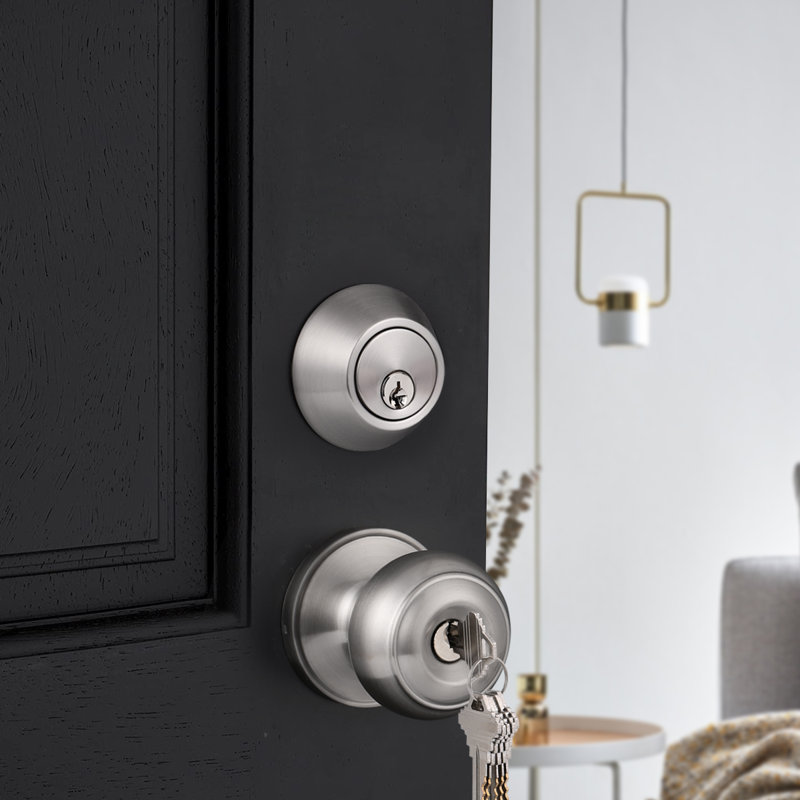 Handle With Knob And Deadbolt Reversible Entry Set, Satin Nickel