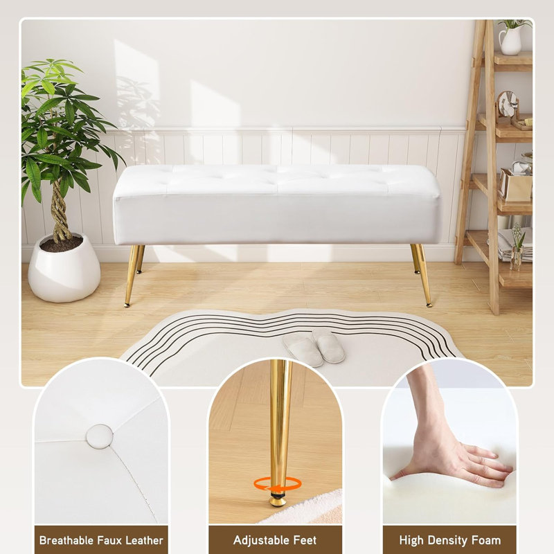 44" Wide Modern Tufted PU Leather Bedroom Bench Upholstered Entryway Bench with Metal Leg, White