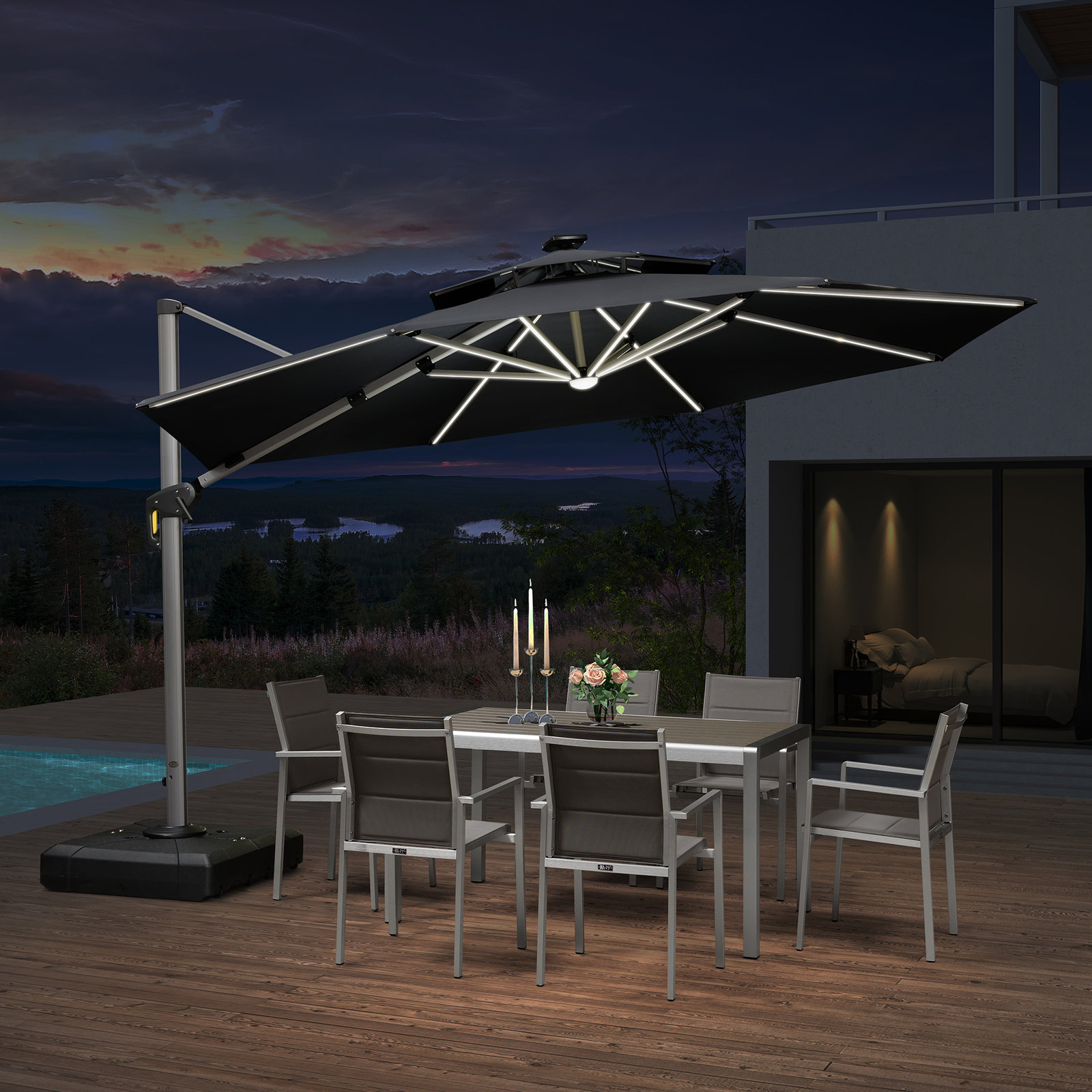 Lillehammer 12' Cantilever Umbrella with Lights, Black