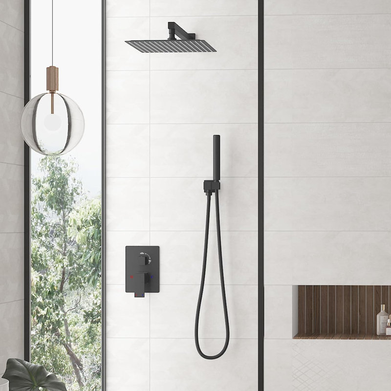 Hoimpro 12 Inch Shower Head System With 2-In-1 Handheld Sprayer, High Pressure Rainfall Shower Head, Brass Faucet Valve Kit, - Includes Shower Arm, Hose And Holder