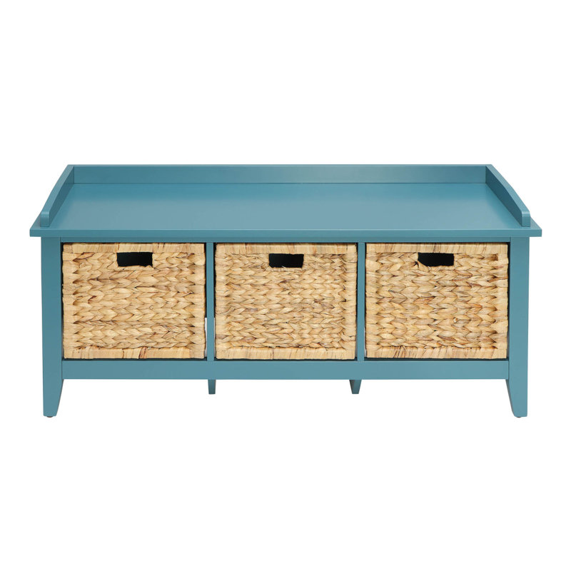 Beige And Teal Bench With 3-Drawer, Teal