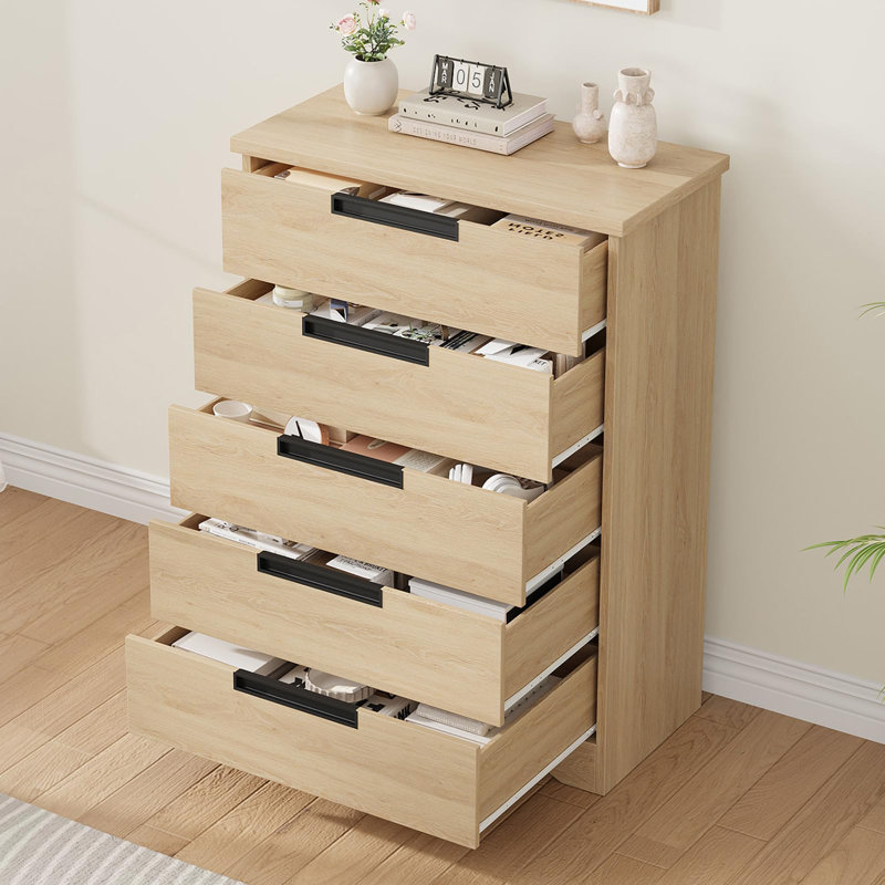 Commode 5 tiroirs en bois avec poignées intégrées, organisateur de commode pour salon, chambre de bébé, Beige