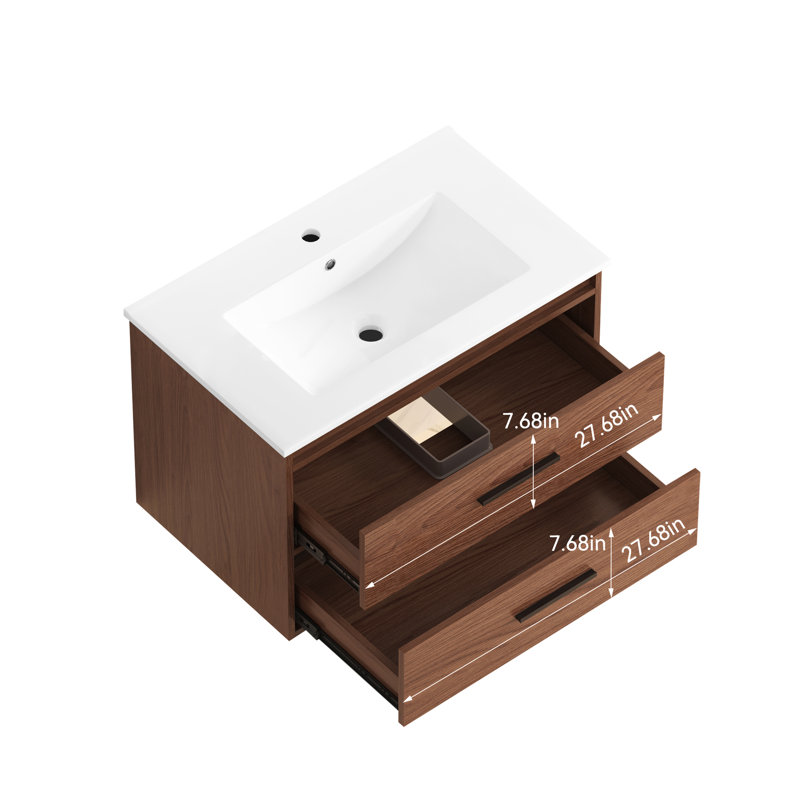 30" Reddish Brown Wall Mounting Bathroom Vanity, Soft Close 2 Drawer, Cabinet And Ceramic Sink For A Smooth Quiet Usage Functionality