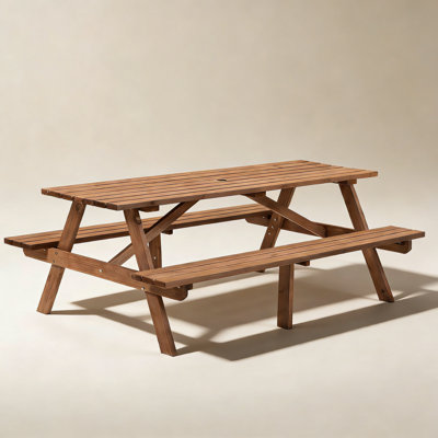 8 Person Brown Wooden Picnic Table, Outdoor Camping Dining Table with 2 Seats, Garden, DIY with 2 Built-in Benches, 2220lb Capacity