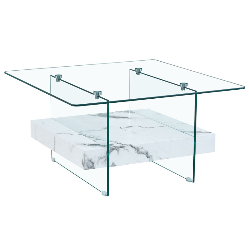 Table basse carrée 31,4 pouces à deux niveaux - une combinaison élégante de verre transparent et d'autocollant en marbre. Elle peut être utilisée comme table basse, table d'appoint ou présentoir.