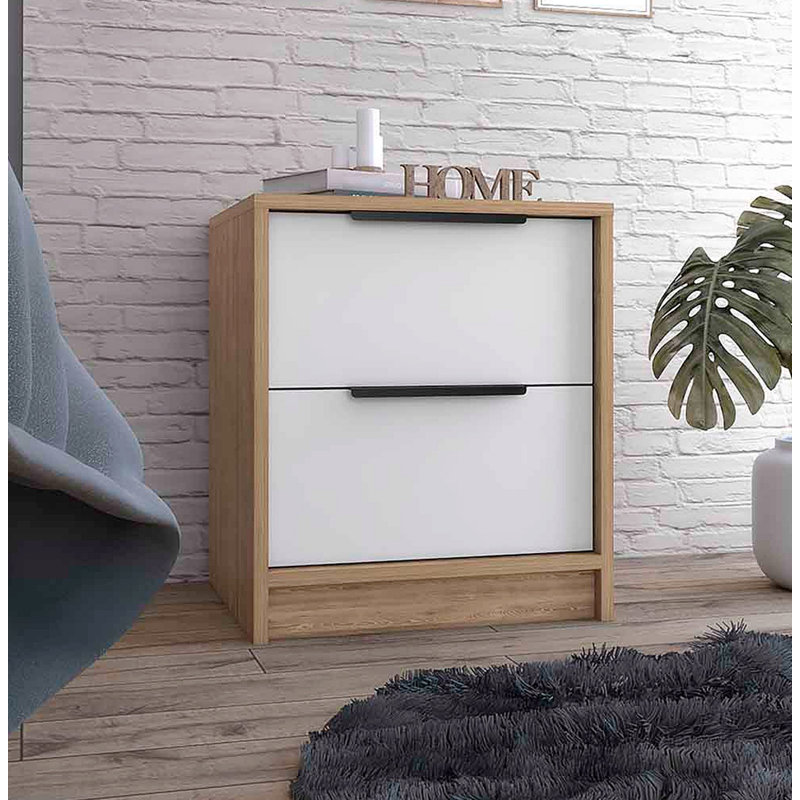 Table de chevet avec 2 tiroirs Meja, table de chevet, table de chevet en bois et petite table de chevet, Blanc / Naturel