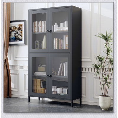 Classic Metal Storage Cabinet With 4 Glass Doors And 4 Adjustable Shelves, Perfect For Home And Office Organization