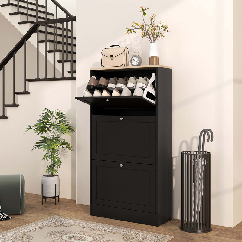 18 Pair Flip Down Shoe Storage, Black/White