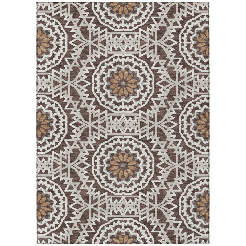 Tapis intérieur lavable 8 pi x 10 pi ivoire et médaillon floral chocolat
