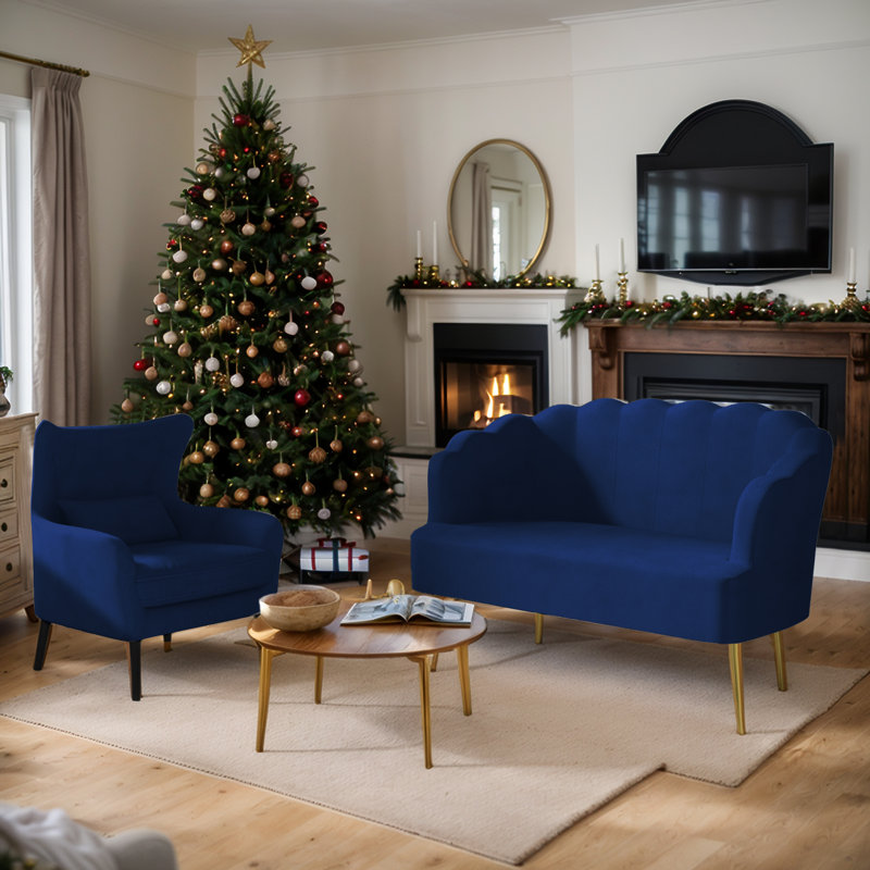 Causeuse 2 pièces en velours doux moderne avec fauteuil d'appoint, Marine