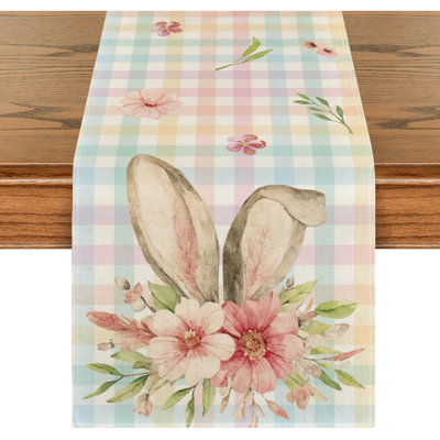Colourful Buffalo Plaid Bunny Ears Flower Easter Table Runner, Spring Seasonal Holiday Kitchen Dining Table Decoration For Home Party Decor 13 X 72 Inch