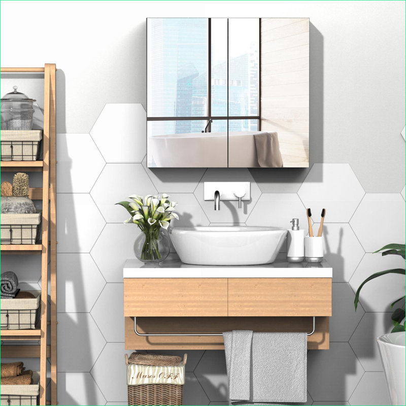 Armoires à pharmacie | Armoire à pharmacie murale 24 po x 22 po avec rangement à 3 niveaux, cadre en acier, blanc neige | Minimaliste | Salle de bain