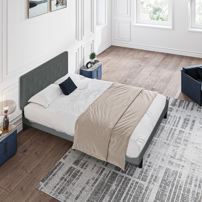 Dark Gray Queen Upholstered Bed With Modern Linen Headboard, No Box Spring, Wood Slat Back Support, Easy Assembly Steps Foundation For Durability, Simple