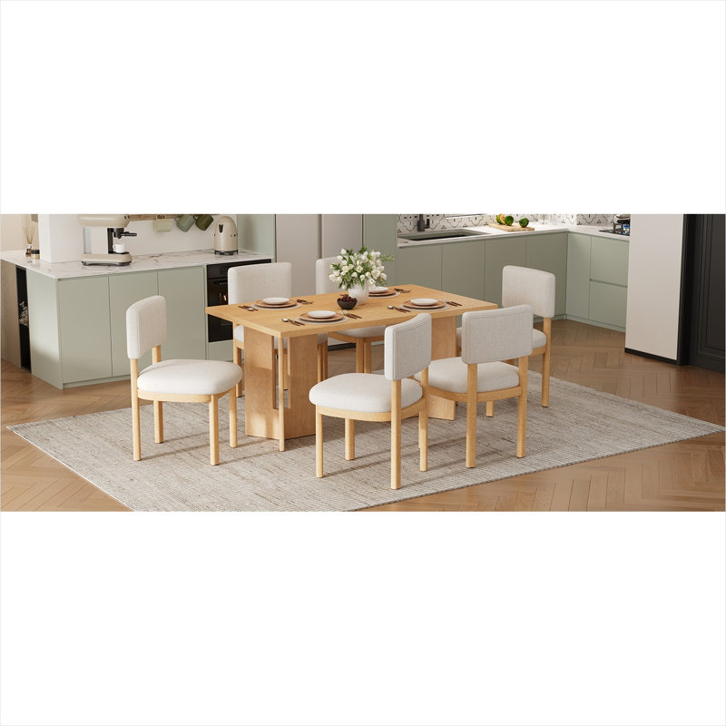 Ensemble de table de salle à manger en bois naturel pour 6 personnes avec 6 chaises rembourrées, table rectangulaire en bois massif de 60 pouces avec pieds découpés, sièges beiges