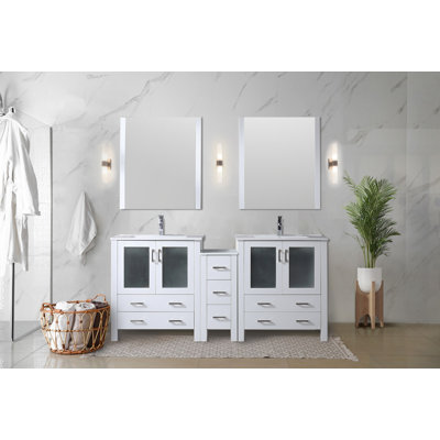 Harborfront 72 in W x 18.25 in D Double Bath Vanity with Side Cabinet and White Ceramic Tops