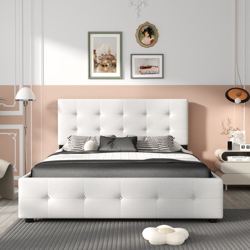 Upholstered Platform Storage Bed, White
