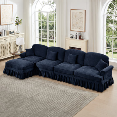 Classic L-shaped Sectional Couch - Chenille With Flared Arms, Removable Ruffled Skirts & Movable Ottoman by Darby Home Co