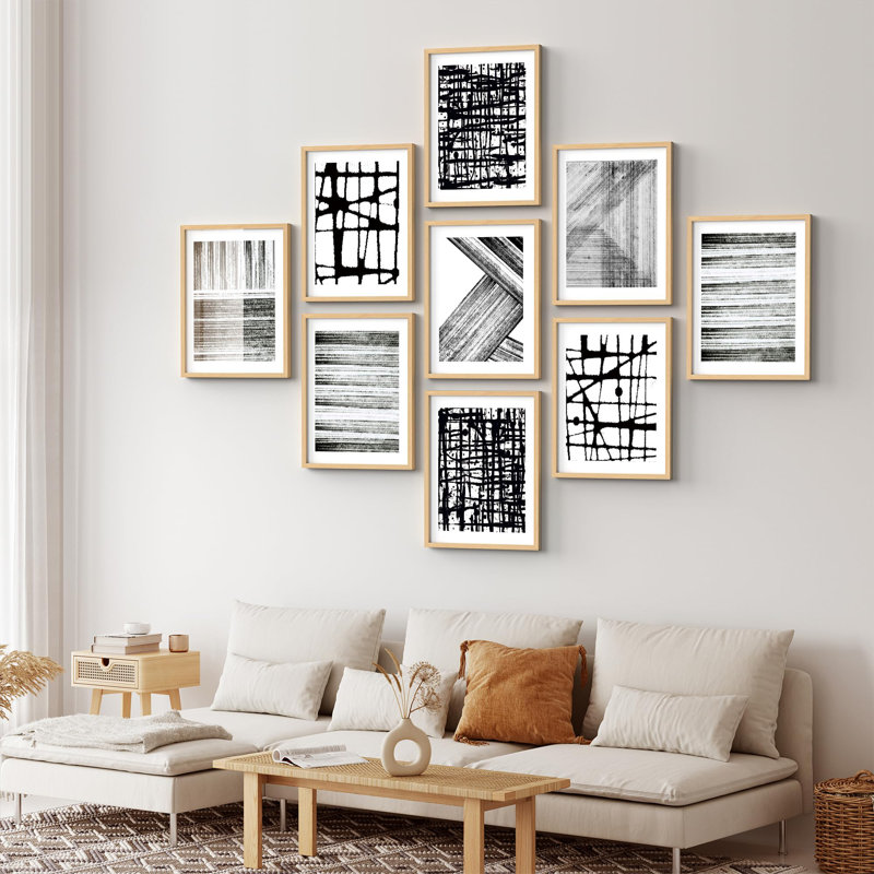 Art mural encadré, ensemble de galerie, encre, coup de pinceau, dessin au trait, motifs abstraits, art moderne pour chambre à coucher, salon, bureau 