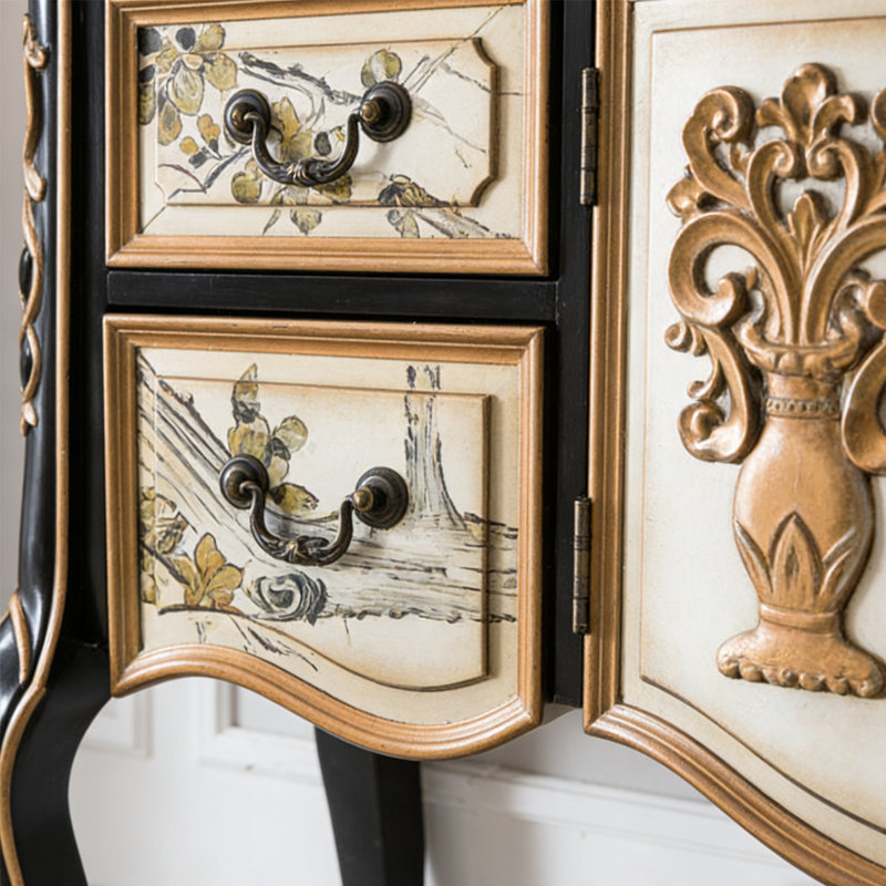 American-style multi-functional entrance cabinet, H 35,03 po x l 55,11 po x P 17,51 po, Black/Gold/Cream