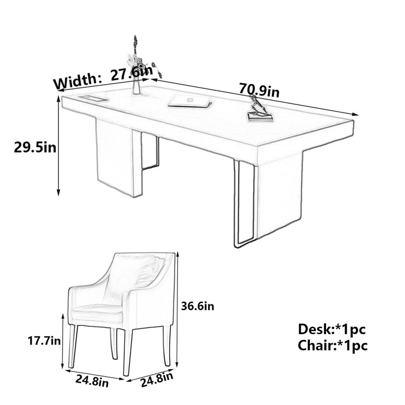Bureau d'écriture Barnsdall, H 29,5 po x l 70,9 po x P 27,6 po
