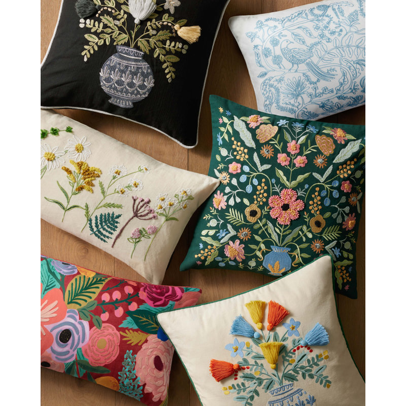 Rust Embroidered Floral Polyester Lumbar Pillow with Down Fill