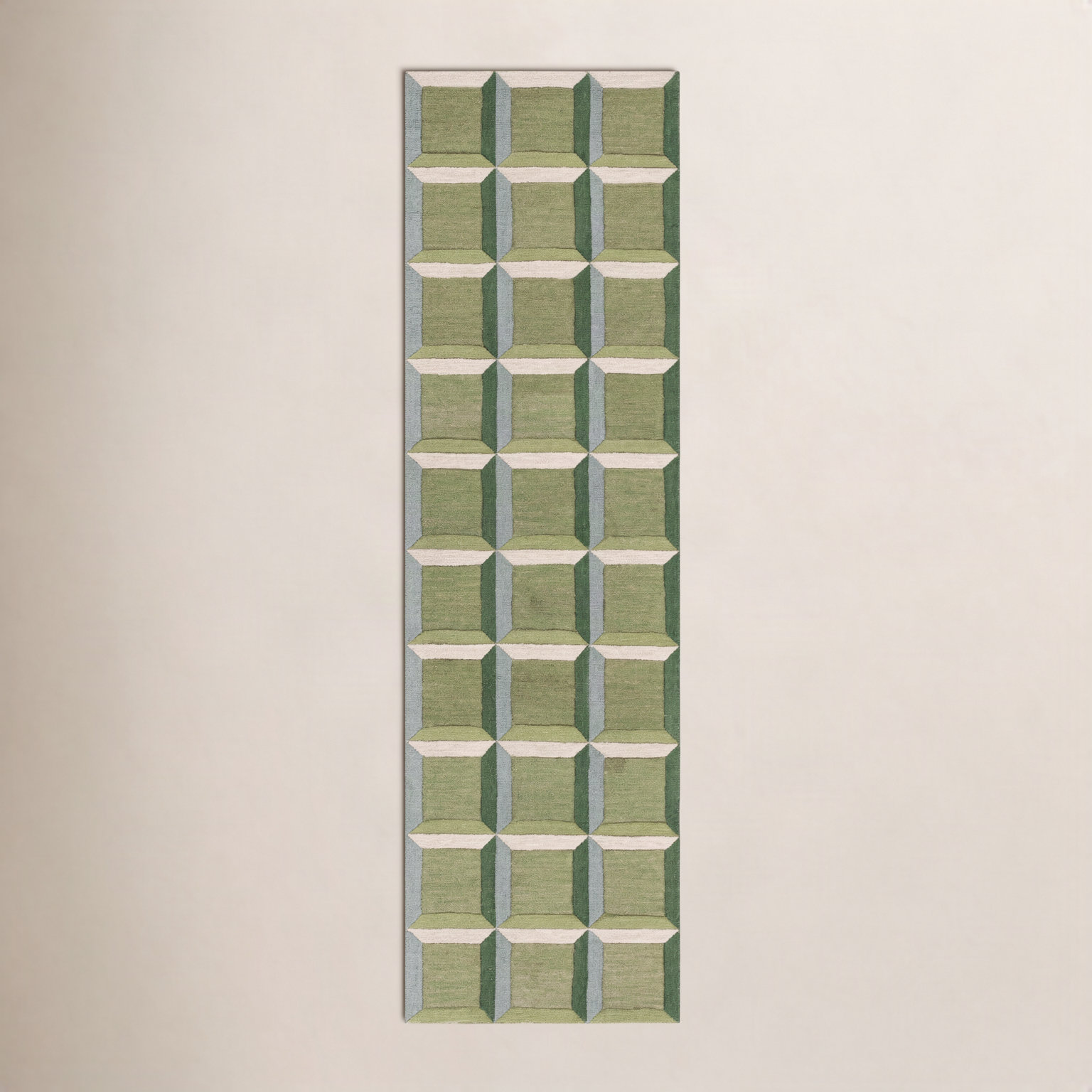 Giedre Green Beige Hand-Tufted Wool Rug, Runner 2'3" x 8'