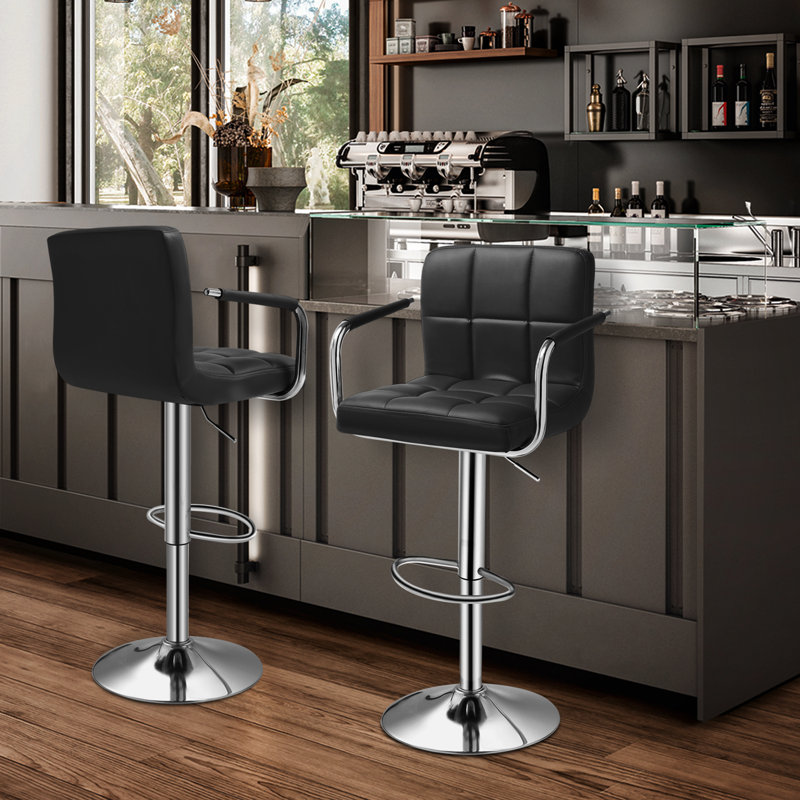 Faux Leather Adjustable Height Bar Stools, Swivel Counter Height Barstools Dining Chair (Set of 4), Black
