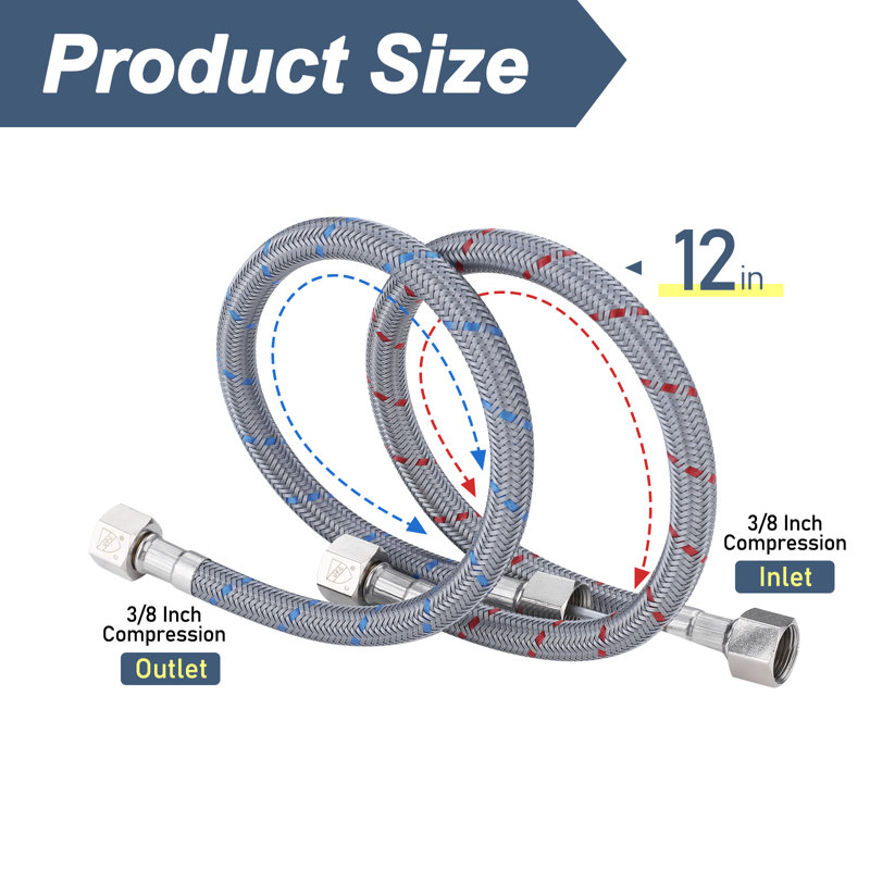 Le tuyau de robinet ARCORA relie le lavabo de la salle de bain à l'alimentation en eau, les conduites d'alimentation du robinet Cupc 3/8 "x 3/8", filetage de compression femelle 1 paire