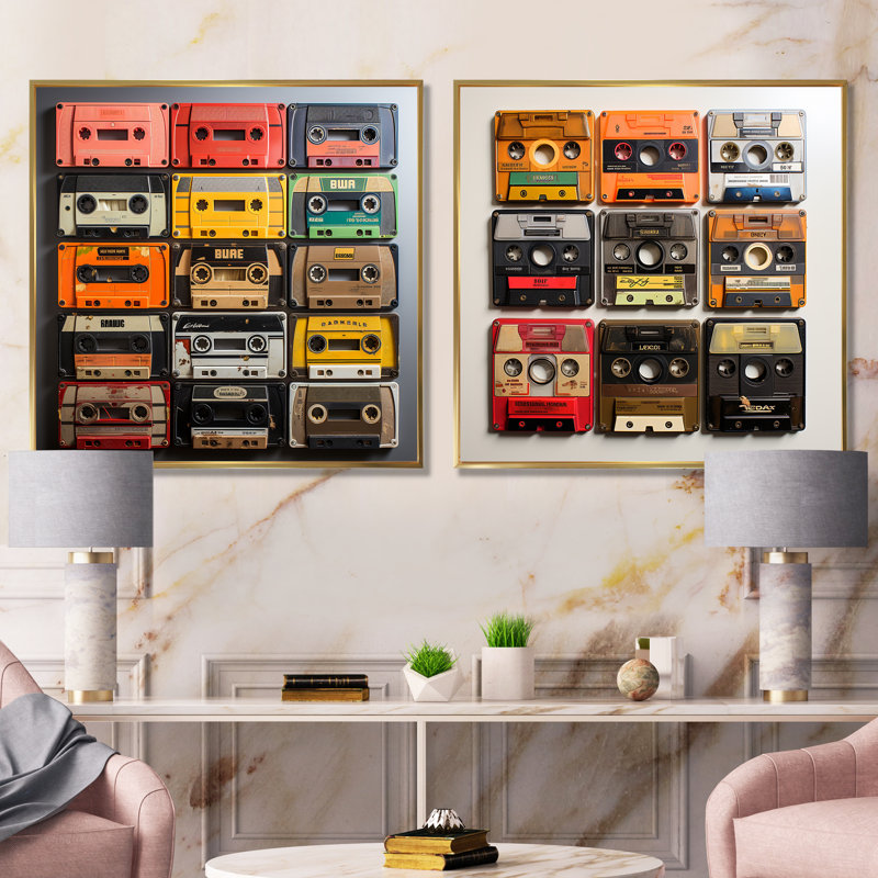 Vintage Cassette Collages I - Cassette Tapes, lot de 2, Cadre flottant doré, H 16 po x l 33 po x P 1 po