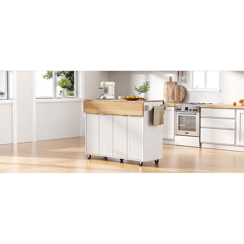 55.5" Fluted Kitchen Island With 2 Drop Leaf, Kitchen Storage Cart With Power Outlet, 4 Doors, Spice Rack, Rolling Island Table With Wood-Grain Top, Curved Edge For Kitchen, Dining Room,White