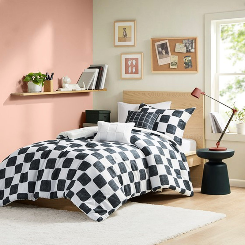Édredon moderne à carreaux double / grand moderne, 2 taies décoratives, coussins décoratifs, tissu avec imprimé, taies décoratives et bourre de jet, lavable à la machine, livraison compressée, vapeur