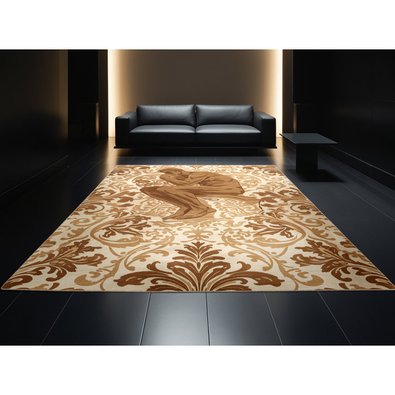 Soft Plush Bleeker Thinker Statue Classic Damask Area Rug in Beige – Beige Binding, 8x10