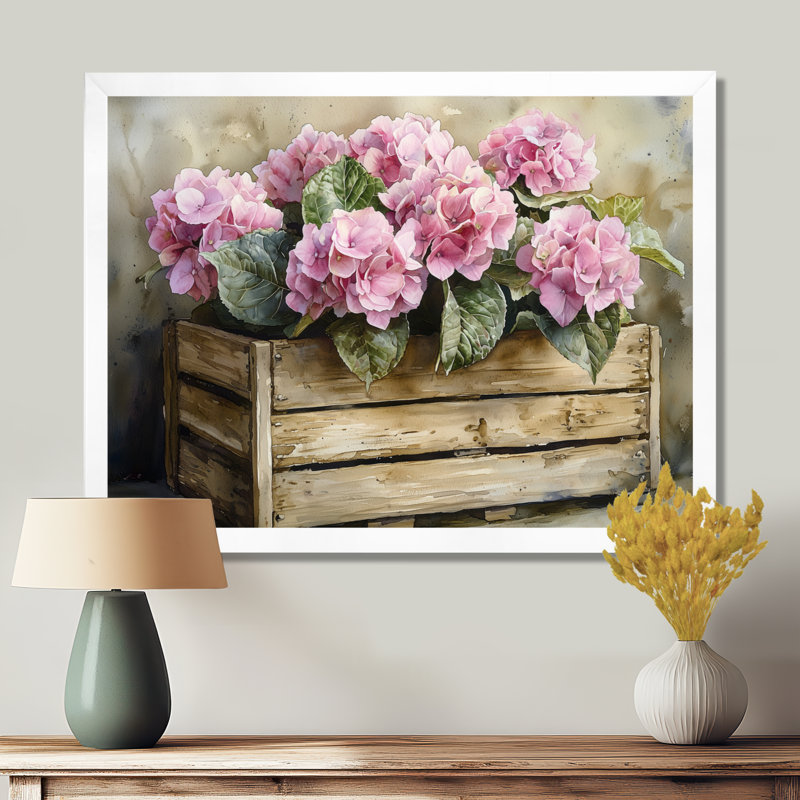 Drangty ferme hortensias dans une caisse en bois II - hortensia art mural, Reproduction encadrée d'une seule photo, Blanc