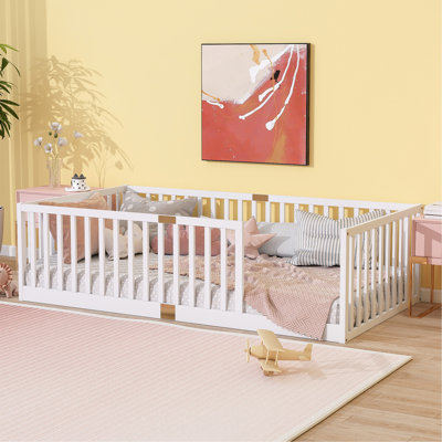 Twin Size Floor Bed with High Fence Railings, 6 Slats Included, Rubber Wood Floor Bed with Safety Guardrails, without Door,White (Old Sku W504P287643)