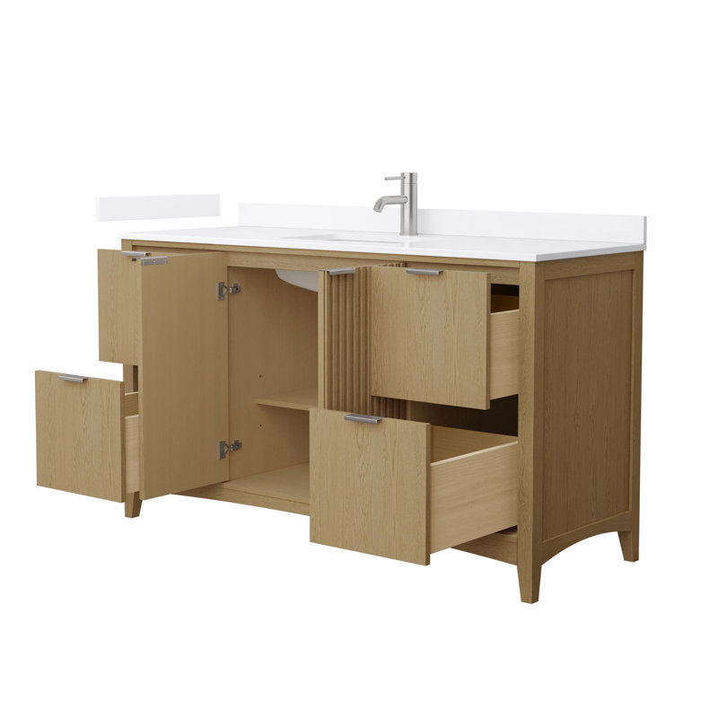 Meuble-lavabo simple avec plateau en quartz Palmilla, Brun / nickel brossé, 60", White Quartz