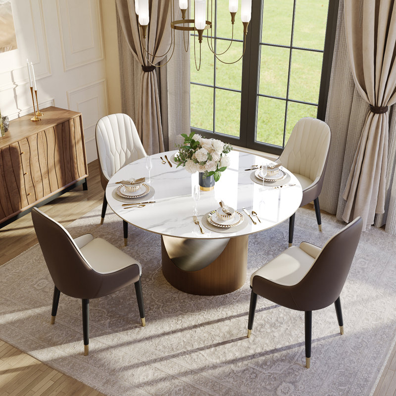 5-Piece Modern Round Dining Table Set For 4, Glossy Sintered Stone Tabletop Kitchen Dining Table Set With PU Upholstered Chairs