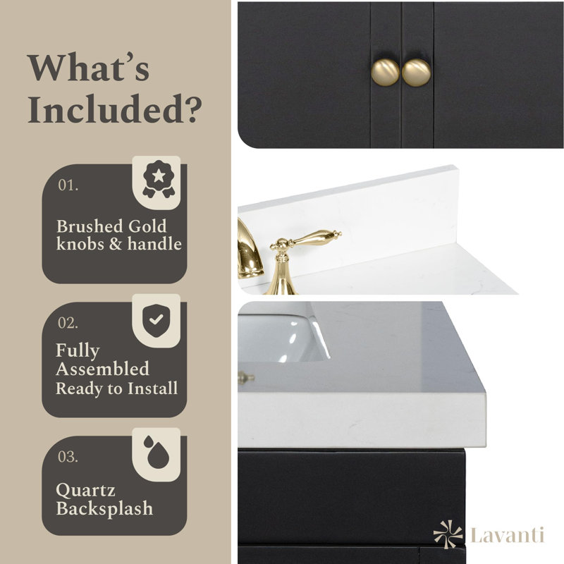 Meuble-lavabo de 24 po avec lavabo Lavanti Depos - 100% bois massif de qualité supérieure, meuble-lavabo noir élégant avec meuble de rangement