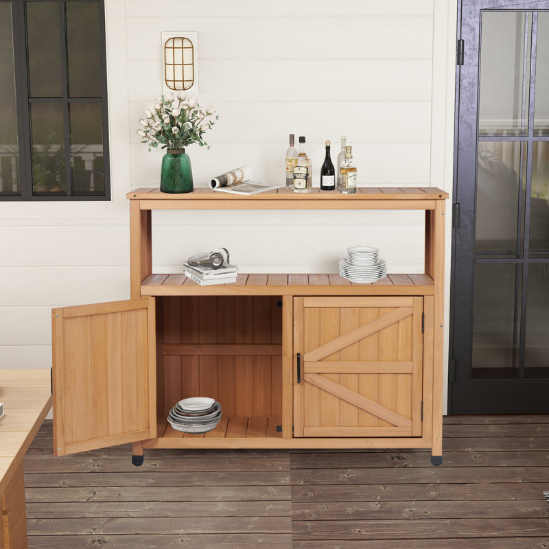 42" W Cedar Wood Outdoor Patio Bar Cabinet with Storage and Serving Station, Brown