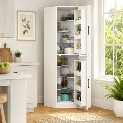 Tansole 70.87'' White Corner Pantry Cabinet, Tall Kitchen Storage Cabinet With Double Doors And Multiple She In Satin