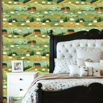 Peel and Stick Wallpaper Contact Paper Seamless Farm Countryside Cows Sheep Barn Self Adhesive and Removable 24in x 118in(60x300cm)