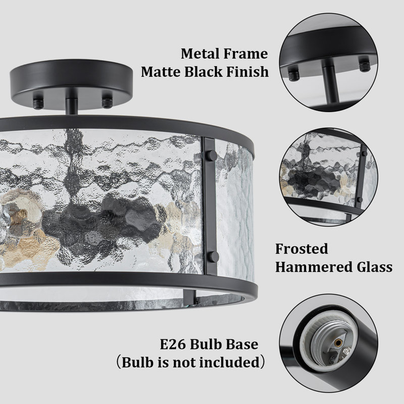 3-Light Hammered Glass Drum Semi Flush Mount