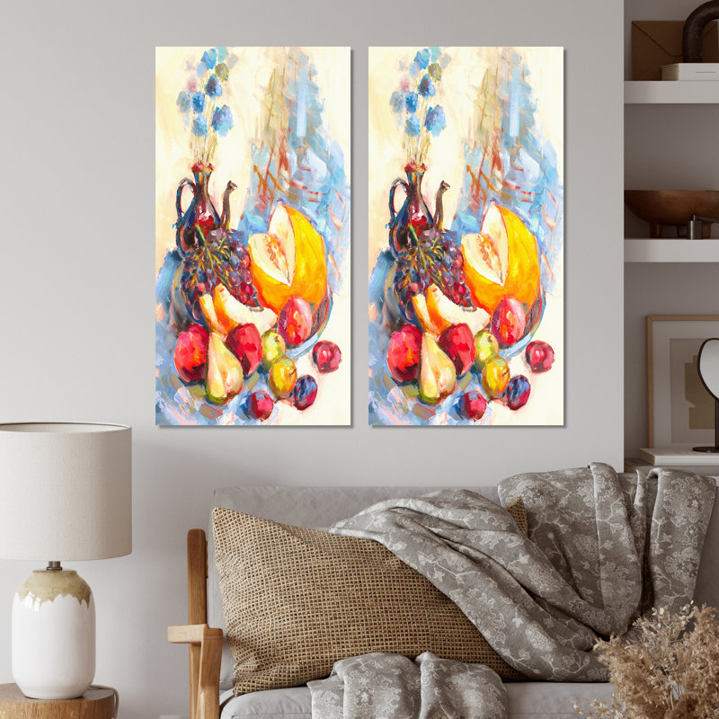 Fleurs et fruits impressionnisme VI - Ensemble de 2 peintures sur toiles, Toile tendue, H 20 po x l 24 po x P 1 po