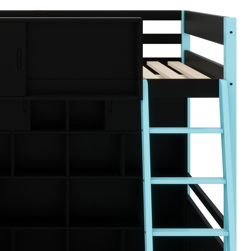 Wood Loft Bed With Desk, Ample Storage Space And Light, Blue