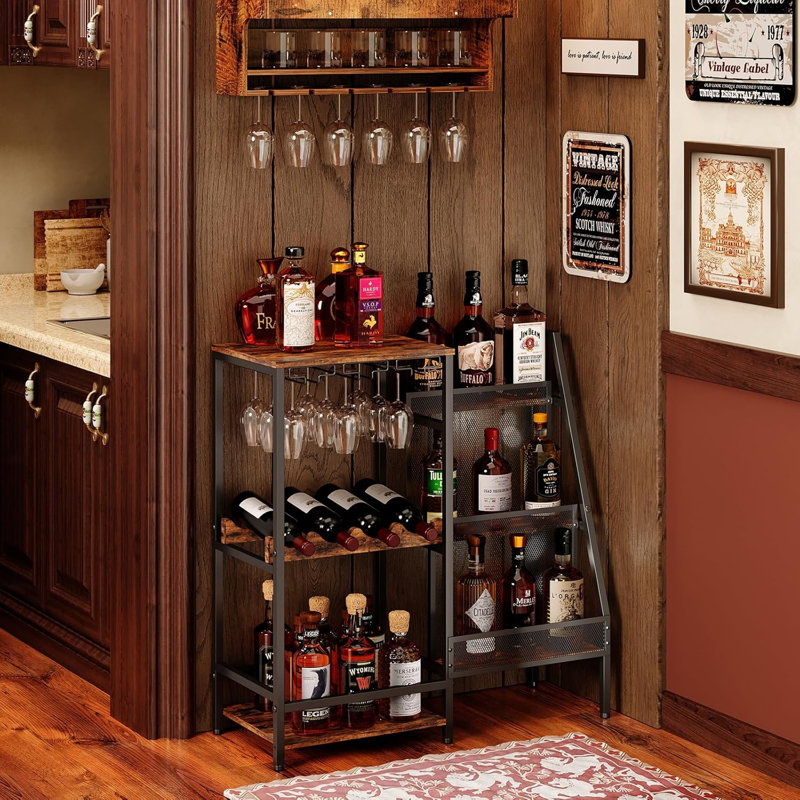 Porte-bouteilles et porte-bouteilles de vin - étagère de présentation trapézoïdale à 3 niveaux avec support en verre, table de bar autoportante pour le whisky, le vin et les bouteilles