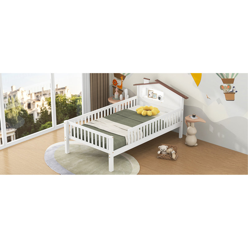Lit plateforme en bois avec tête de lit en forme de maison, DEL et rangement intégré, Blanc