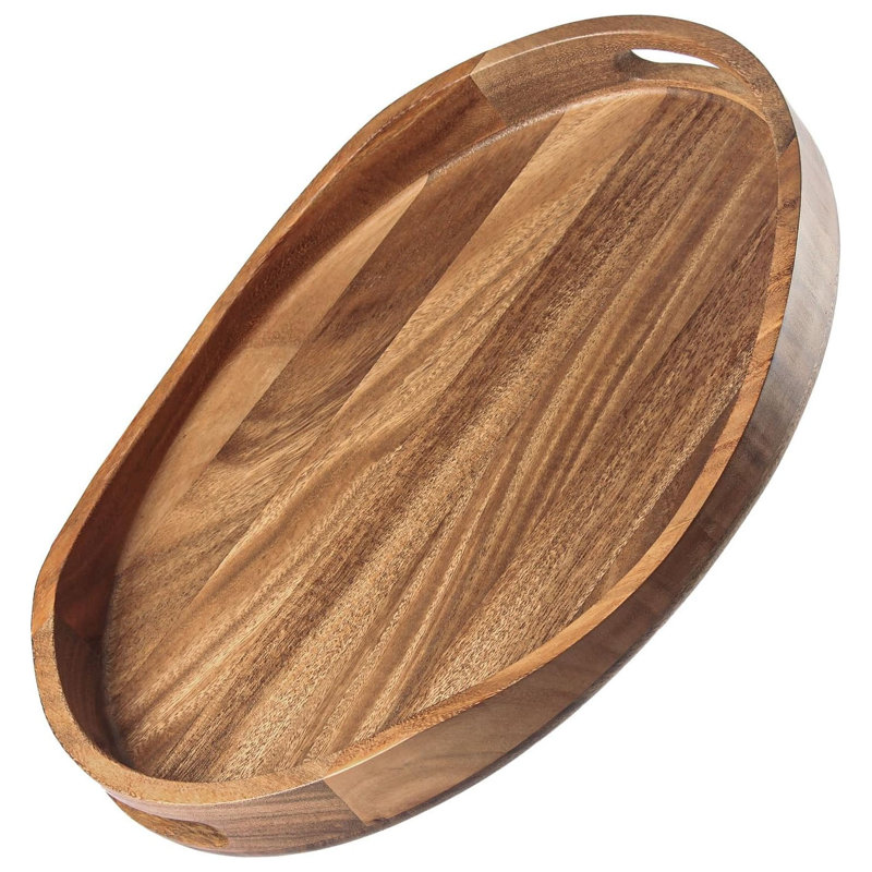17"x13" Round Acacia Wood Serving Tray with Handles Decorative Ottoman Tray