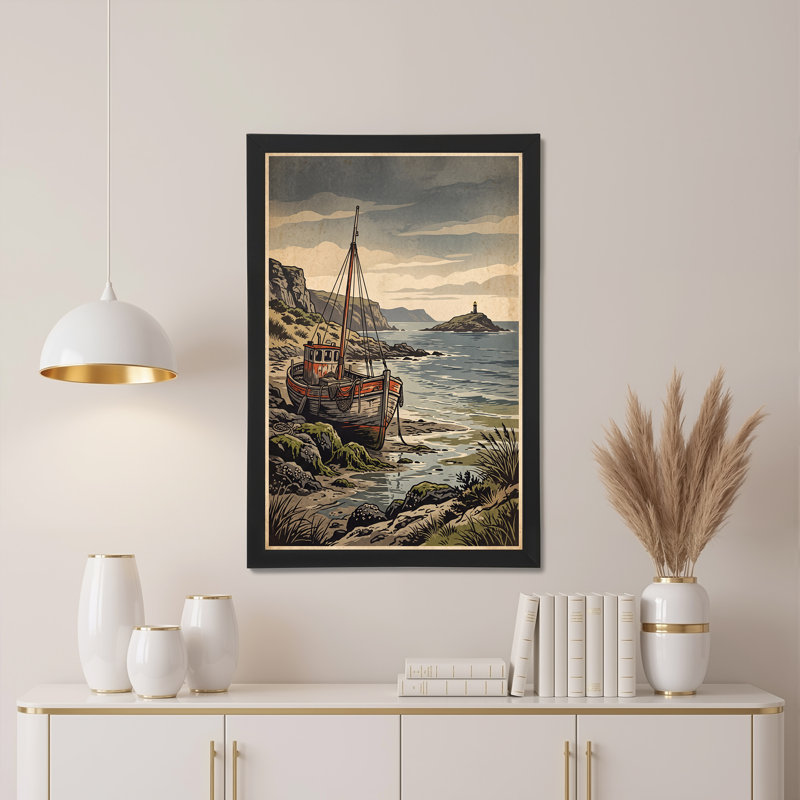 Art sur toile, bateau en bois orange gris sur une côte rocheuse près du phare, H 36 po x l 24 po