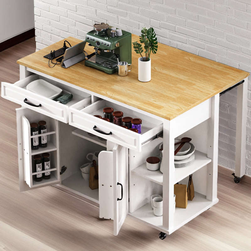 47 Inch Kitchen Island With Extendable Dining Table, Rubber Wood Veneer Kitchen Table With Internal Storage Rack, Power Outlet, Kitchen Island With Storage 2 Drawers 2 Cabinet